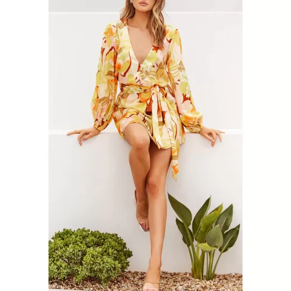 imagePRETTYGARDEN Womens Long Puff Sleeve Satin V Neck Cocktail Party Belted Short Formal DressesFloral Yellow