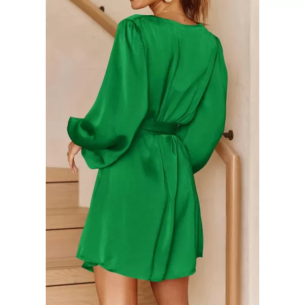 imagePRETTYGARDEN Womens Long Puff Sleeve Satin V Neck Cocktail Party Belted Short Formal DressesGrass Green