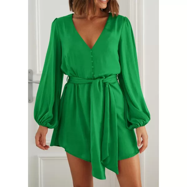 imagePRETTYGARDEN Womens Long Puff Sleeve Satin V Neck Cocktail Party Belted Short Formal DressesGrass Green