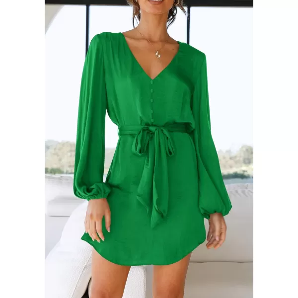 imagePRETTYGARDEN Womens Long Puff Sleeve Satin V Neck Cocktail Party Belted Short Formal DressesGrass Green