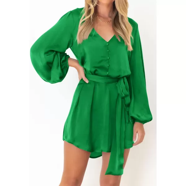 imagePRETTYGARDEN Womens Long Puff Sleeve Satin V Neck Cocktail Party Belted Short Formal DressesGrass Green