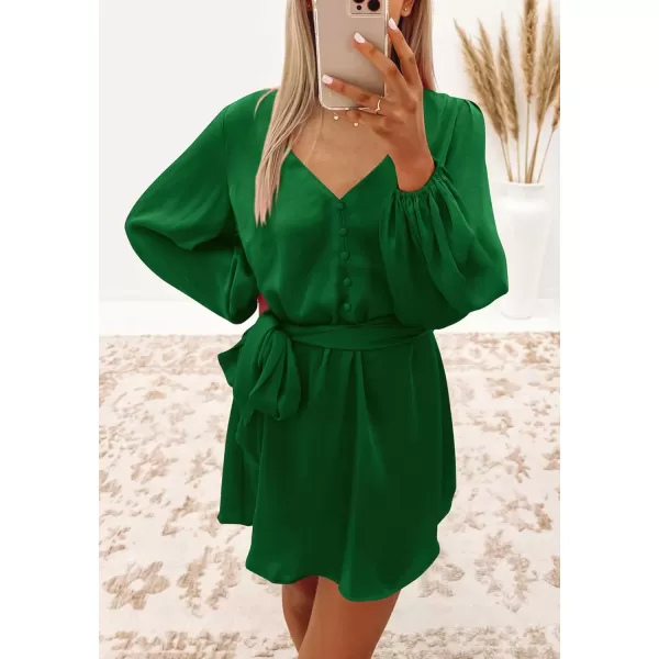 imagePRETTYGARDEN Womens Long Puff Sleeve Satin V Neck Cocktail Party Belted Short Formal DressesGreen