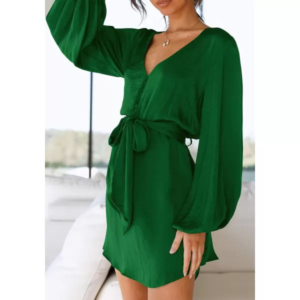 imagePRETTYGARDEN Womens Long Puff Sleeve Satin V Neck Cocktail Party Belted Short Formal DressesGreen