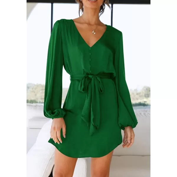imagePRETTYGARDEN Womens Long Puff Sleeve Satin V Neck Cocktail Party Belted Short Formal DressesGreen