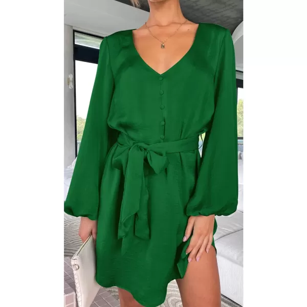 imagePRETTYGARDEN Womens Long Puff Sleeve Satin V Neck Cocktail Party Belted Short Formal DressesGreen