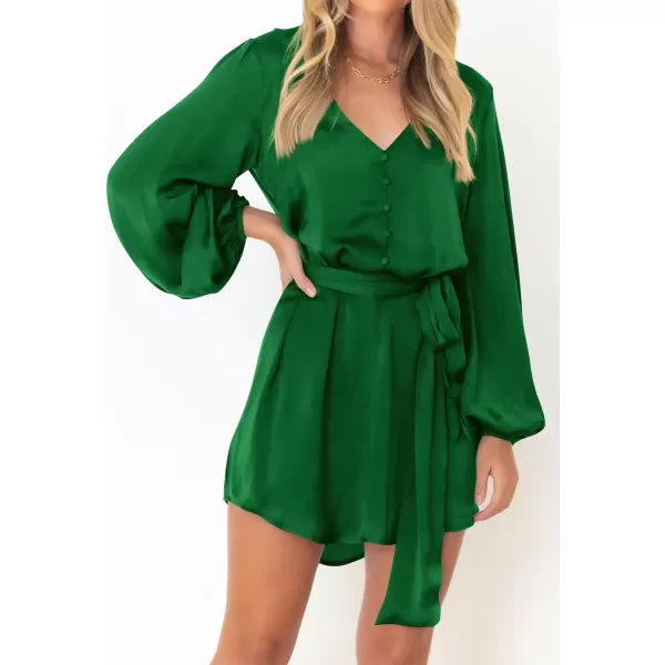 imagePRETTYGARDEN Womens Long Puff Sleeve Satin V Neck Cocktail Party Belted Short Formal DressesGreen