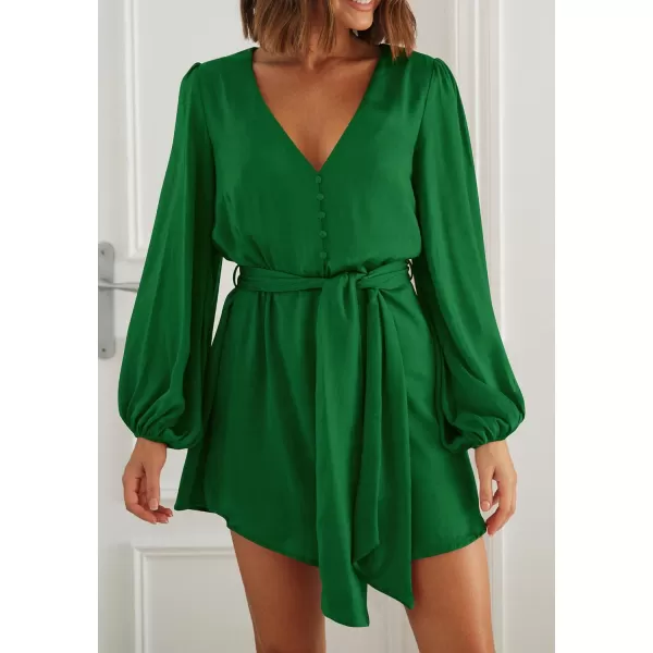 imagePRETTYGARDEN Womens Long Puff Sleeve Satin V Neck Cocktail Party Belted Short Formal DressesGreen