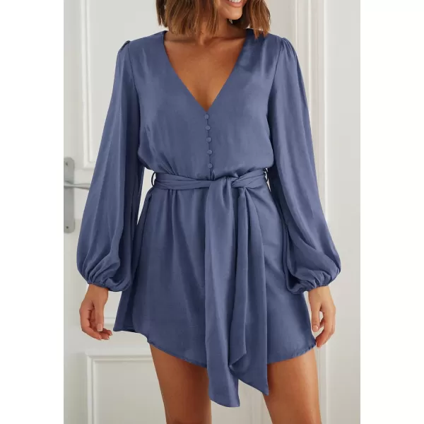 imagePRETTYGARDEN Womens Long Puff Sleeve Satin V Neck Cocktail Party Belted Short Formal DressesGrey Blue