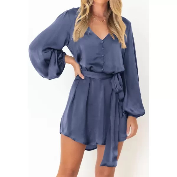 imagePRETTYGARDEN Womens Long Puff Sleeve Satin V Neck Cocktail Party Belted Short Formal DressesGrey Blue