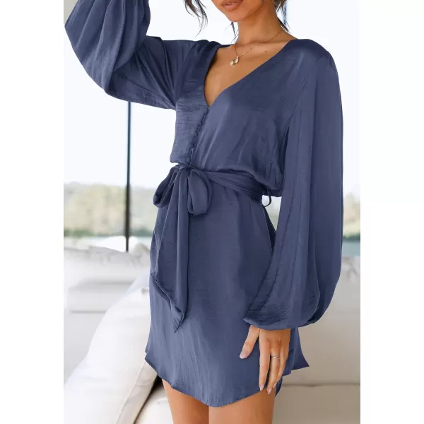imagePRETTYGARDEN Womens Long Puff Sleeve Satin V Neck Cocktail Party Belted Short Formal DressesGrey Blue