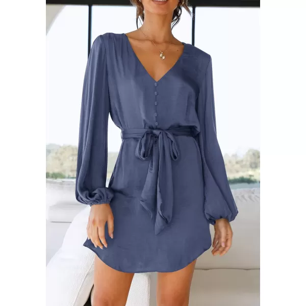 imagePRETTYGARDEN Womens Long Puff Sleeve Satin V Neck Cocktail Party Belted Short Formal DressesGrey Blue