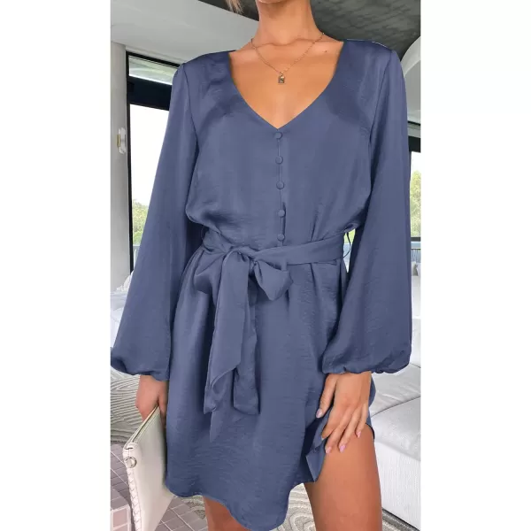 imagePRETTYGARDEN Womens Long Puff Sleeve Satin V Neck Cocktail Party Belted Short Formal DressesGrey Blue