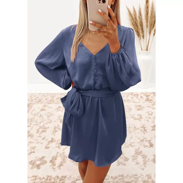 imagePRETTYGARDEN Womens Long Puff Sleeve Satin V Neck Cocktail Party Belted Short Formal DressesGrey Blue