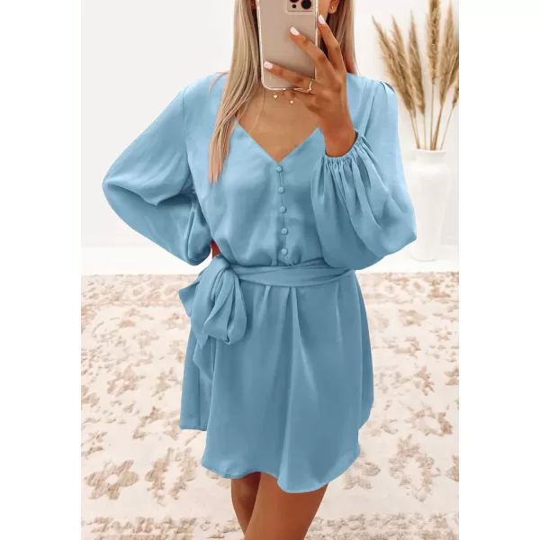 imagePRETTYGARDEN Womens Long Puff Sleeve Satin V Neck Cocktail Party Belted Short Formal DressesLight Blue