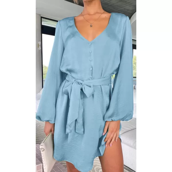 imagePRETTYGARDEN Womens Long Puff Sleeve Satin V Neck Cocktail Party Belted Short Formal DressesLight Blue