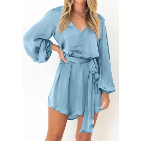 imagePRETTYGARDEN Womens Long Puff Sleeve Satin V Neck Cocktail Party Belted Short Formal DressesLight Blue