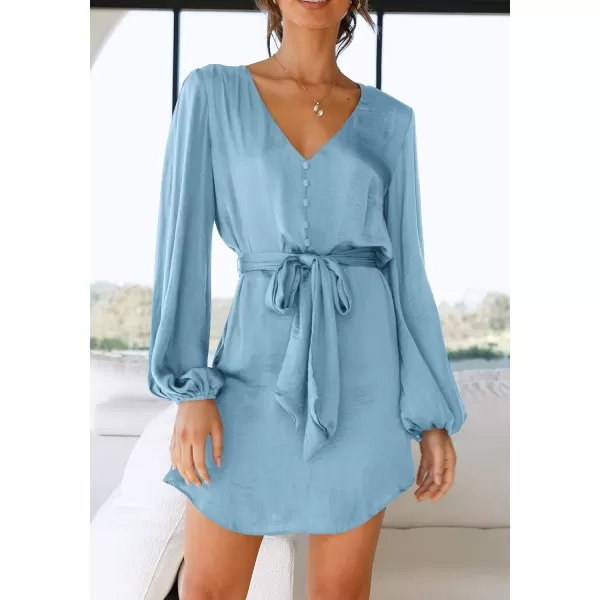 imagePRETTYGARDEN Womens Long Puff Sleeve Satin V Neck Cocktail Party Belted Short Formal DressesLight Blue