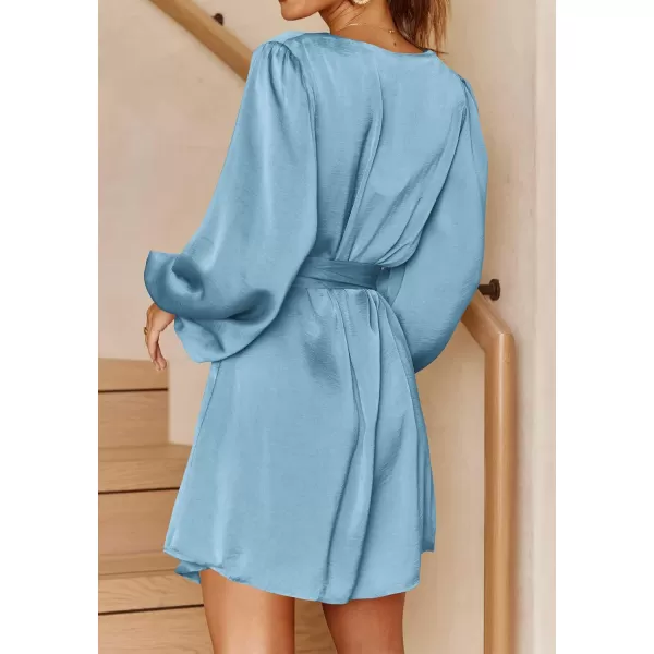 imagePRETTYGARDEN Womens Long Puff Sleeve Satin V Neck Cocktail Party Belted Short Formal DressesLight Blue