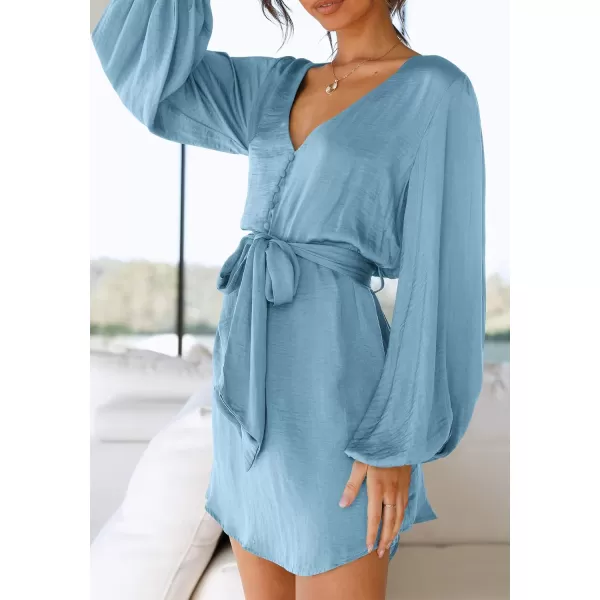imagePRETTYGARDEN Womens Long Puff Sleeve Satin V Neck Cocktail Party Belted Short Formal DressesLight Blue