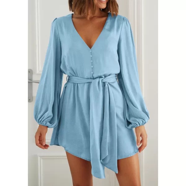imagePRETTYGARDEN Womens Long Puff Sleeve Satin V Neck Cocktail Party Belted Short Formal DressesLight Blue