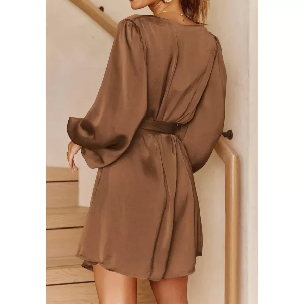 imagePRETTYGARDEN Womens Long Puff Sleeve Satin V Neck Cocktail Party Belted Short Formal DressesLight Brown