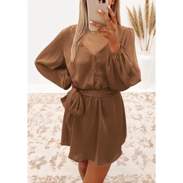 imagePRETTYGARDEN Womens Long Puff Sleeve Satin V Neck Cocktail Party Belted Short Formal DressesLight Brown