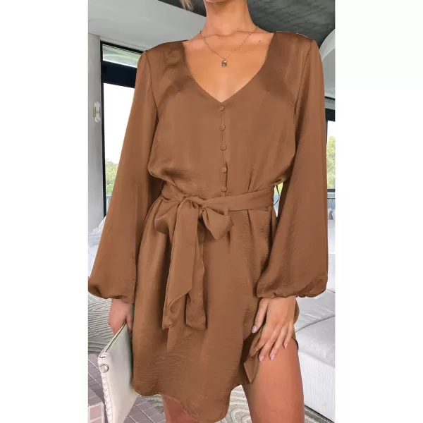 imagePRETTYGARDEN Womens Long Puff Sleeve Satin V Neck Cocktail Party Belted Short Formal DressesLight Brown