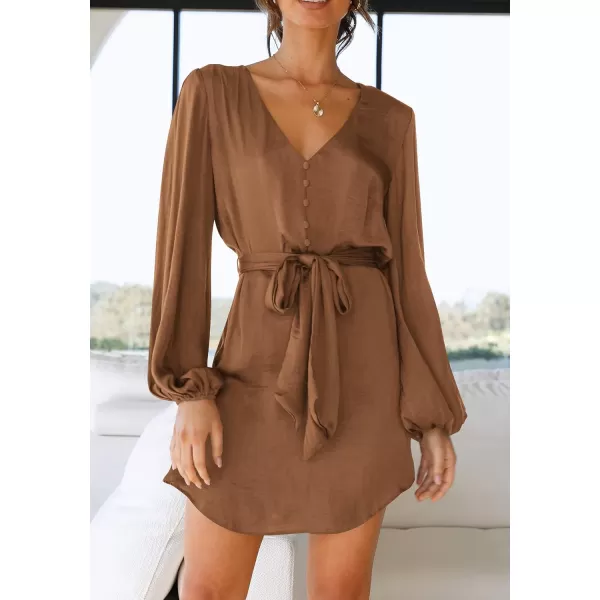 imagePRETTYGARDEN Womens Long Puff Sleeve Satin V Neck Cocktail Party Belted Short Formal DressesLight Brown