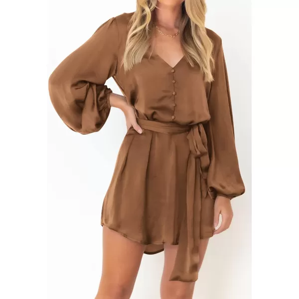 imagePRETTYGARDEN Womens Long Puff Sleeve Satin V Neck Cocktail Party Belted Short Formal DressesLight Brown