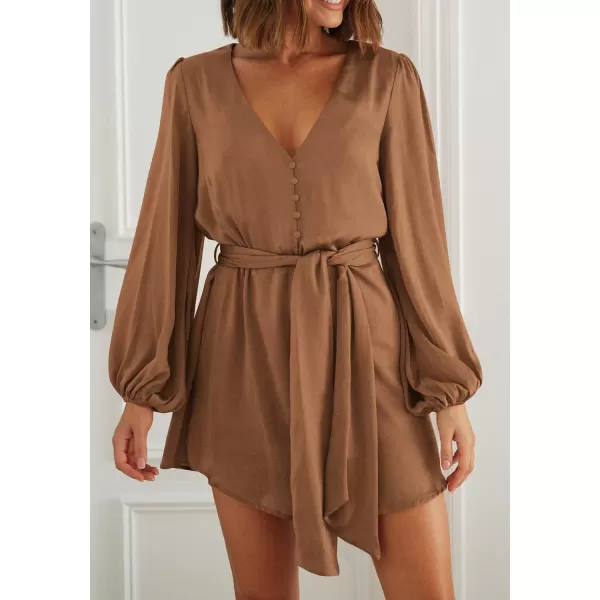 imagePRETTYGARDEN Womens Long Puff Sleeve Satin V Neck Cocktail Party Belted Short Formal DressesLight Brown