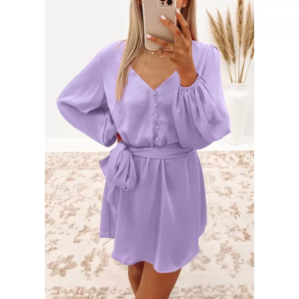 imagePRETTYGARDEN Womens Long Puff Sleeve Satin V Neck Cocktail Party Belted Short Formal DressesLight Purple