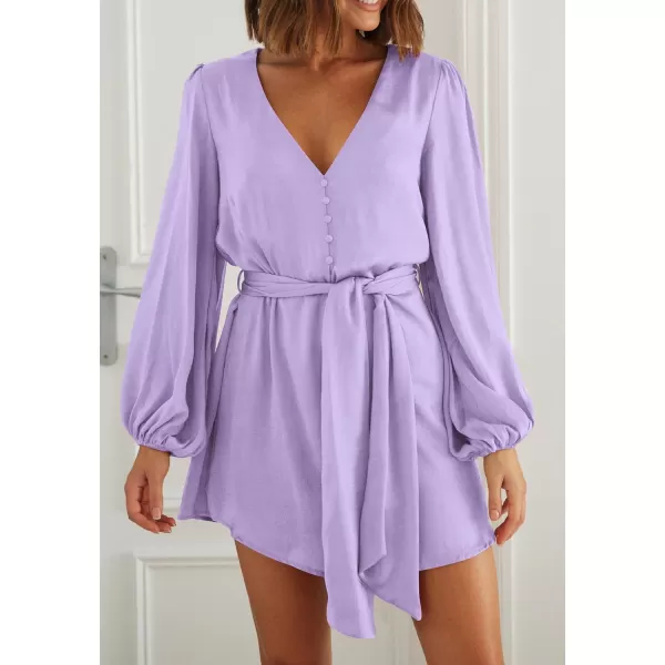 imagePRETTYGARDEN Womens Long Puff Sleeve Satin V Neck Cocktail Party Belted Short Formal DressesLight Purple