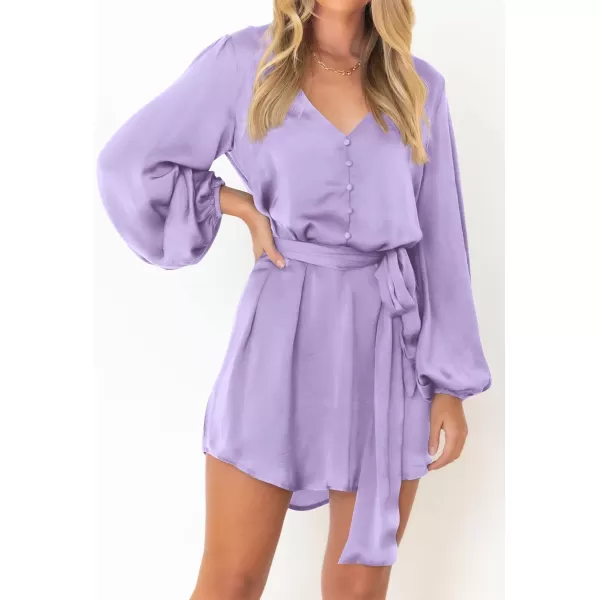 imagePRETTYGARDEN Womens Long Puff Sleeve Satin V Neck Cocktail Party Belted Short Formal DressesLight Purple
