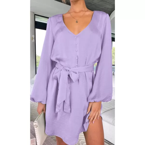 imagePRETTYGARDEN Womens Long Puff Sleeve Satin V Neck Cocktail Party Belted Short Formal DressesLight Purple