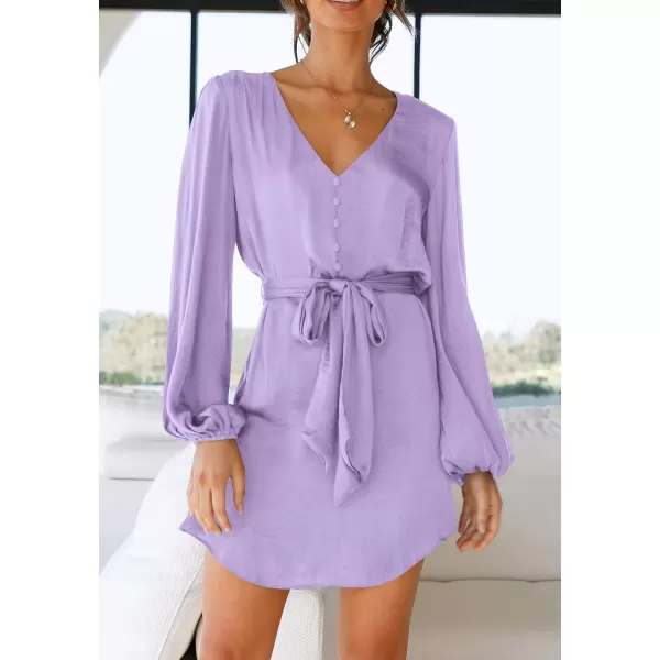imagePRETTYGARDEN Womens Long Puff Sleeve Satin V Neck Cocktail Party Belted Short Formal DressesLight Purple
