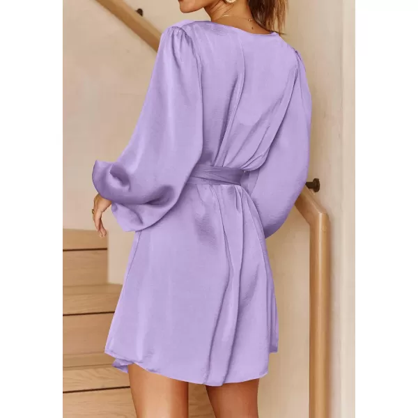 imagePRETTYGARDEN Womens Long Puff Sleeve Satin V Neck Cocktail Party Belted Short Formal DressesLight Purple