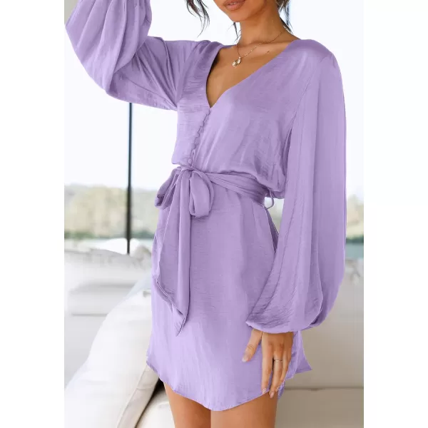 imagePRETTYGARDEN Womens Long Puff Sleeve Satin V Neck Cocktail Party Belted Short Formal DressesLight Purple
