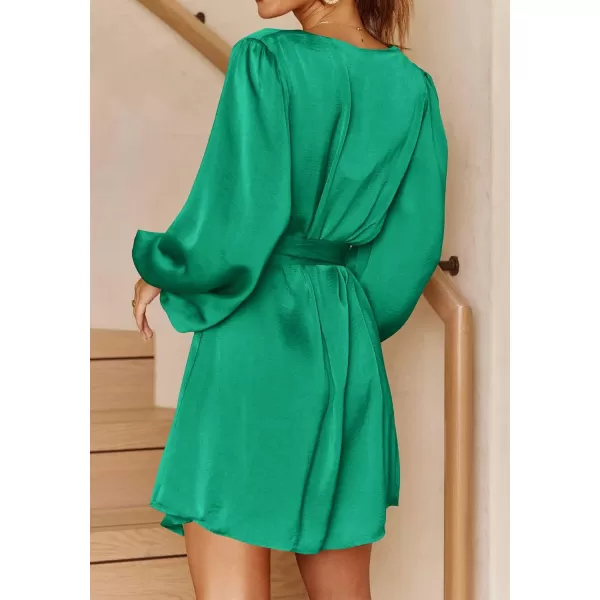 imagePRETTYGARDEN Womens Long Puff Sleeve Satin V Neck Cocktail Party Belted Short Formal DressesMid Green