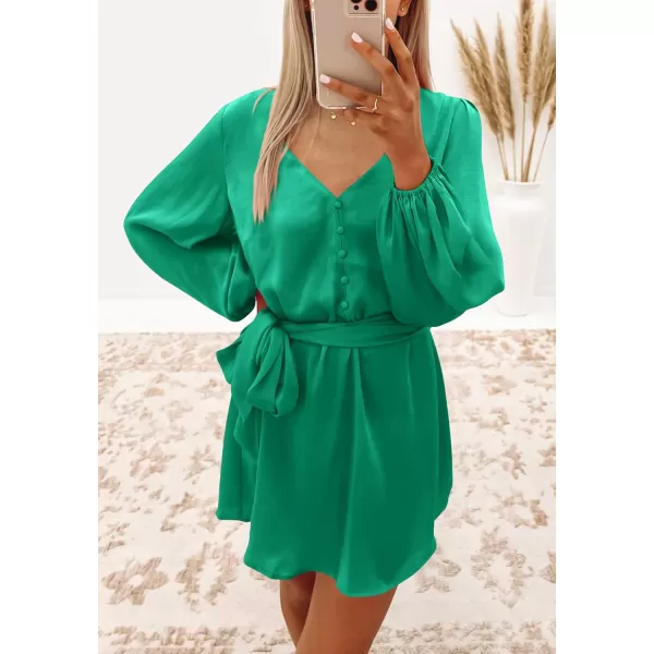 imagePRETTYGARDEN Womens Long Puff Sleeve Satin V Neck Cocktail Party Belted Short Formal DressesMid Green