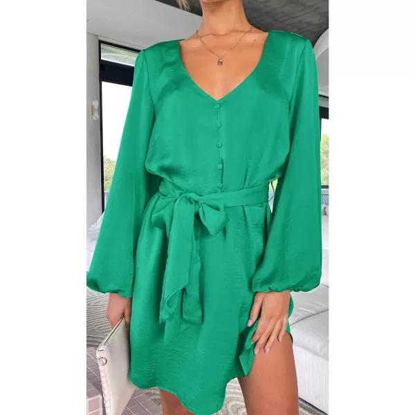 imagePRETTYGARDEN Womens Long Puff Sleeve Satin V Neck Cocktail Party Belted Short Formal DressesMid Green