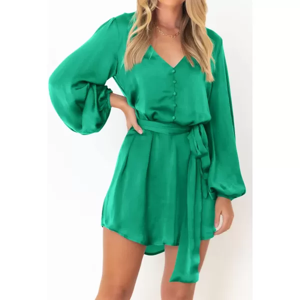 imagePRETTYGARDEN Womens Long Puff Sleeve Satin V Neck Cocktail Party Belted Short Formal DressesMid Green