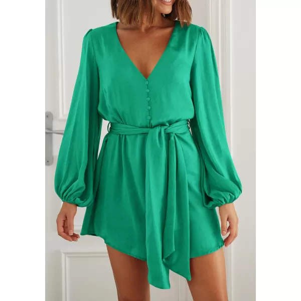 imagePRETTYGARDEN Womens Long Puff Sleeve Satin V Neck Cocktail Party Belted Short Formal DressesMid Green