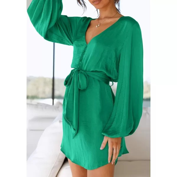 imagePRETTYGARDEN Womens Long Puff Sleeve Satin V Neck Cocktail Party Belted Short Formal DressesMid Green
