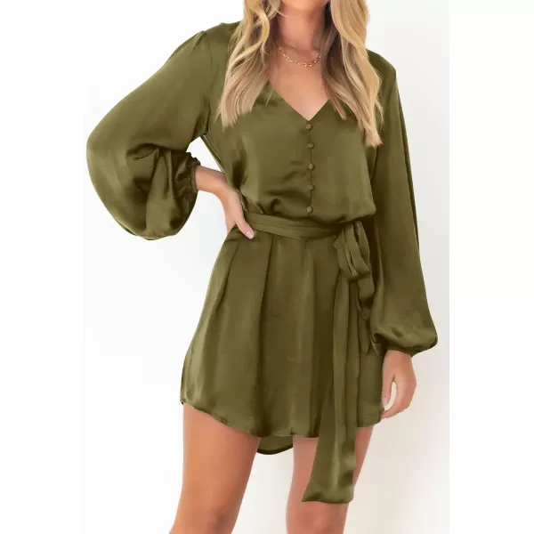 imagePRETTYGARDEN Womens Long Puff Sleeve Satin V Neck Cocktail Party Belted Short Formal DressesOlive Green