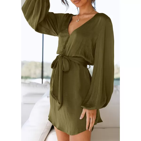 imagePRETTYGARDEN Womens Long Puff Sleeve Satin V Neck Cocktail Party Belted Short Formal DressesOlive Green