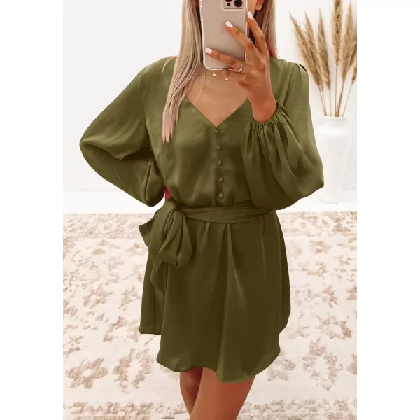 imagePRETTYGARDEN Womens Long Puff Sleeve Satin V Neck Cocktail Party Belted Short Formal DressesOlive Green