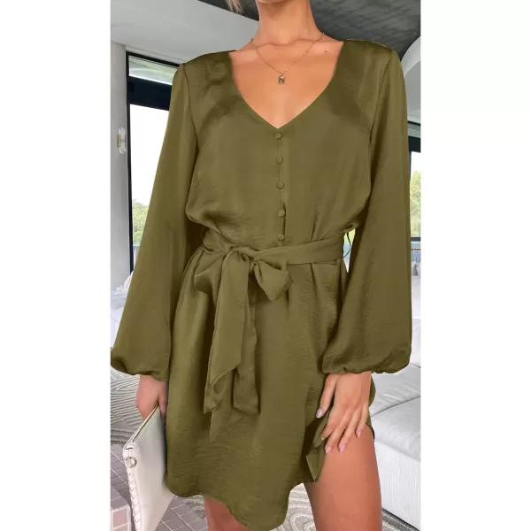 imagePRETTYGARDEN Womens Long Puff Sleeve Satin V Neck Cocktail Party Belted Short Formal DressesOlive Green