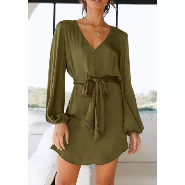 imagePRETTYGARDEN Womens Long Puff Sleeve Satin V Neck Cocktail Party Belted Short Formal DressesOlive Green