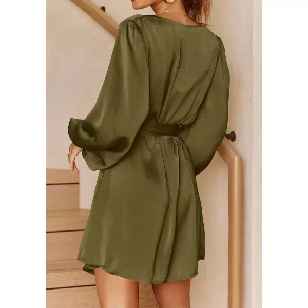imagePRETTYGARDEN Womens Long Puff Sleeve Satin V Neck Cocktail Party Belted Short Formal DressesOlive Green