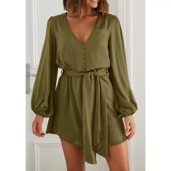 imagePRETTYGARDEN Womens Long Puff Sleeve Satin V Neck Cocktail Party Belted Short Formal DressesOlive Green